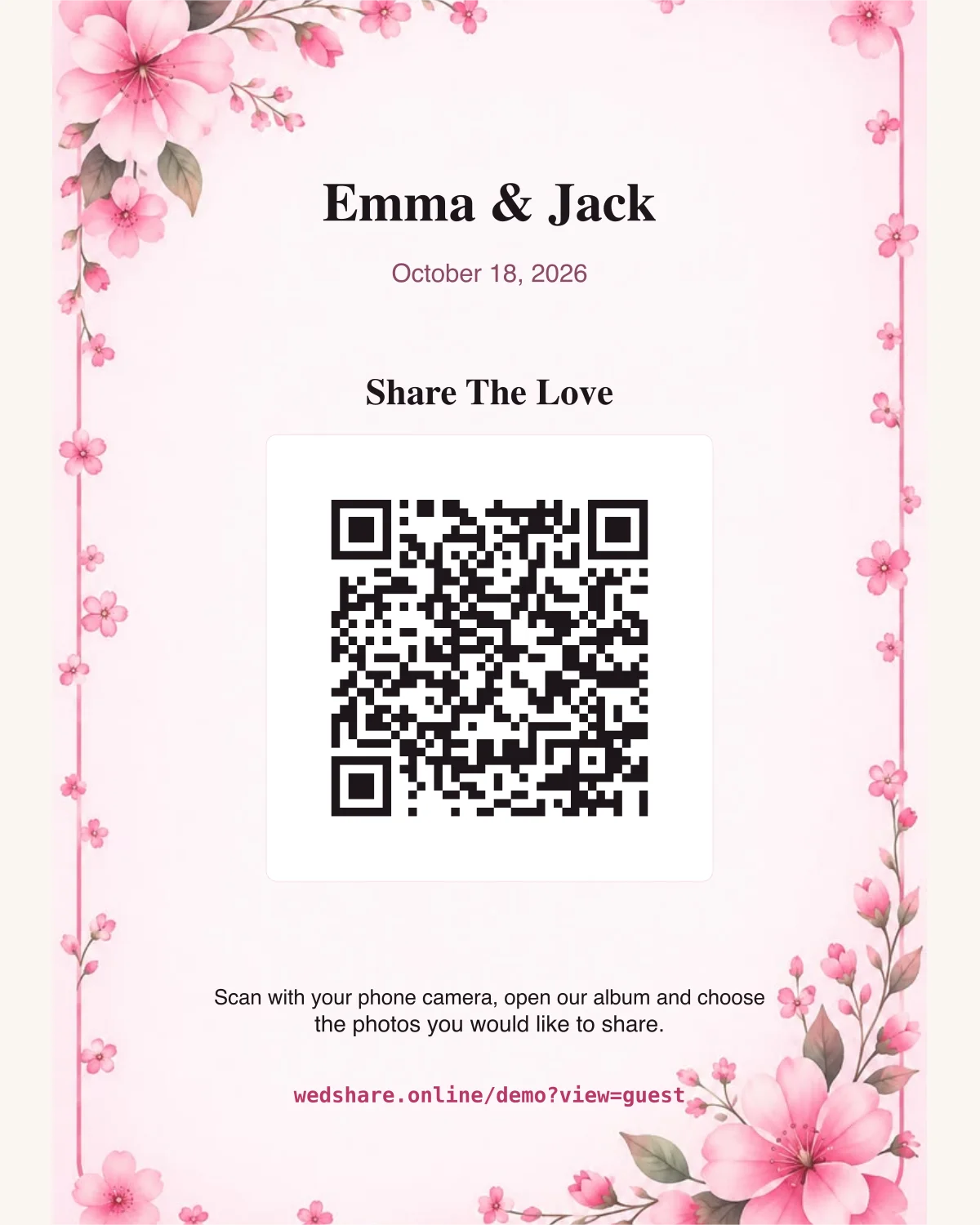 Cherry Blossom Table Card example with a demonstration QR code