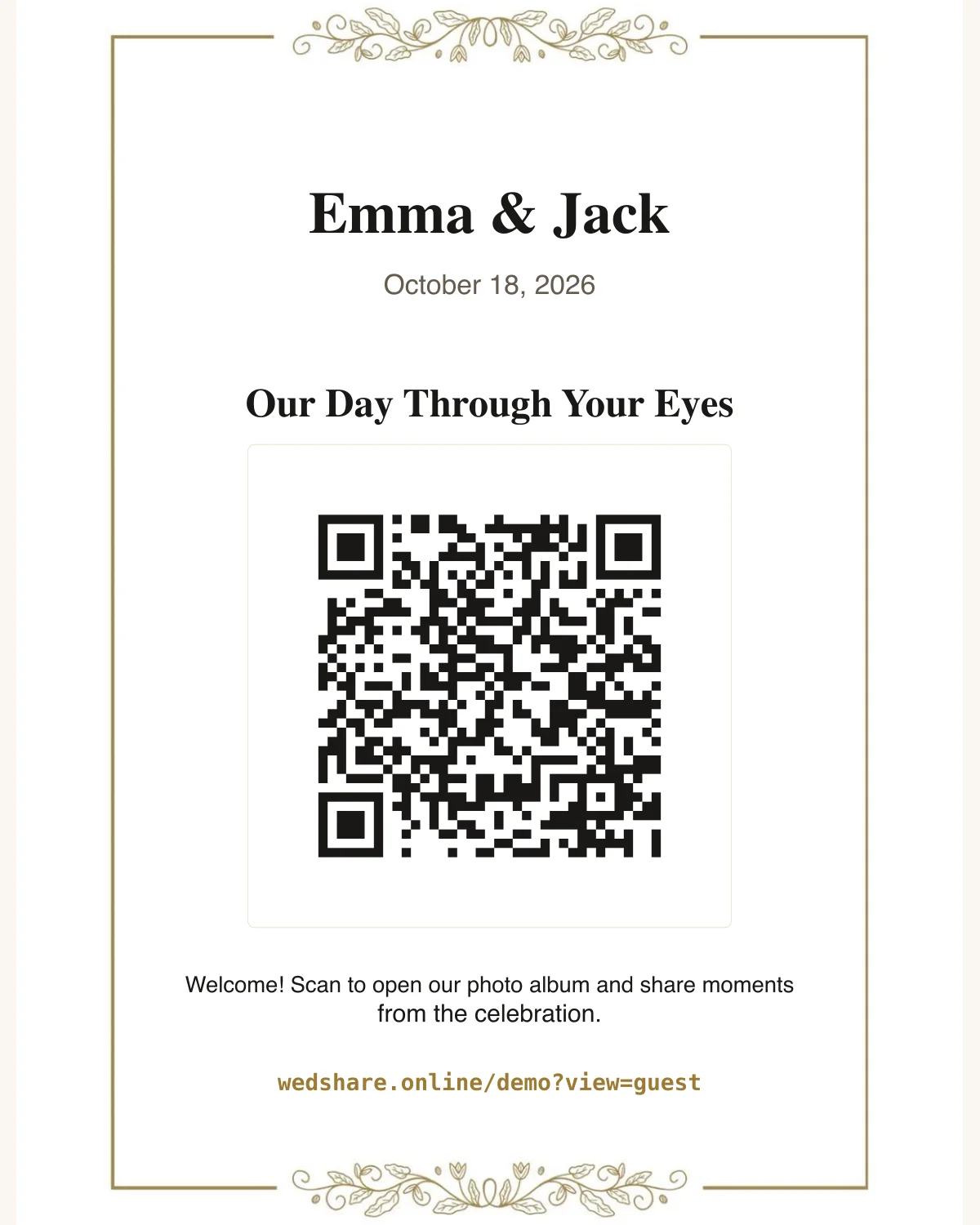 Gold Botanical Welcome Sign example with a demonstration QR code