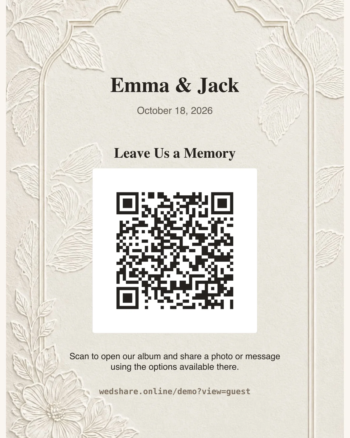 Ivory Arch Guestbook Sign example with a demonstration QR code