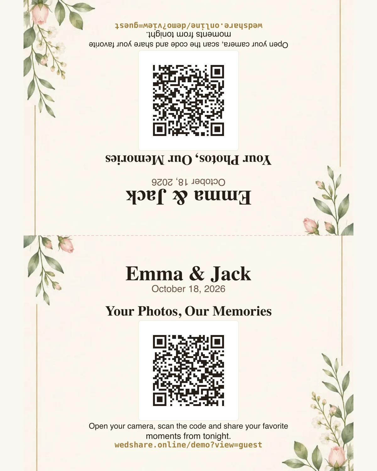 Rose & Gold Folded Tent example with a demonstration QR code