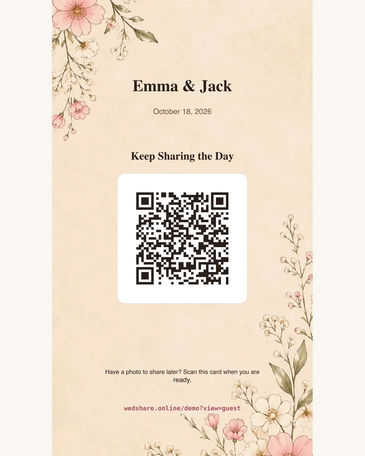 Wildflower Take-Home Card example with a demonstration QR code